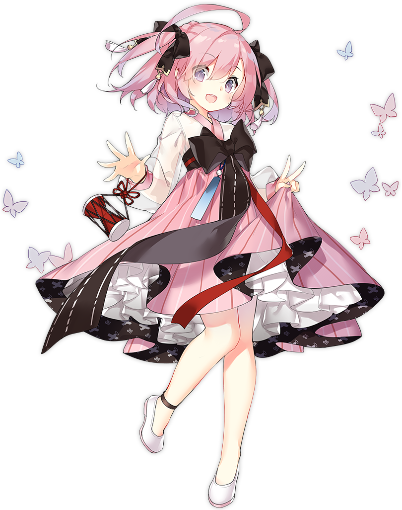1girl :d ahoge alternate_costume ankleband azur_lane bangs black_bow blush bow breasts eyebrows_visible_through_hair eyes_visible_through_hair full_body gomusin gradient_hair hair_bow hanbok hanbok_lift hand_up korean_clothes long_hair looking_at_viewer multicolored_hair official_art open_mouth petals pink_hair saratoga_(azur_lane) saru see-through shoes sidelocks smile twintails violet_eyes white_footwear