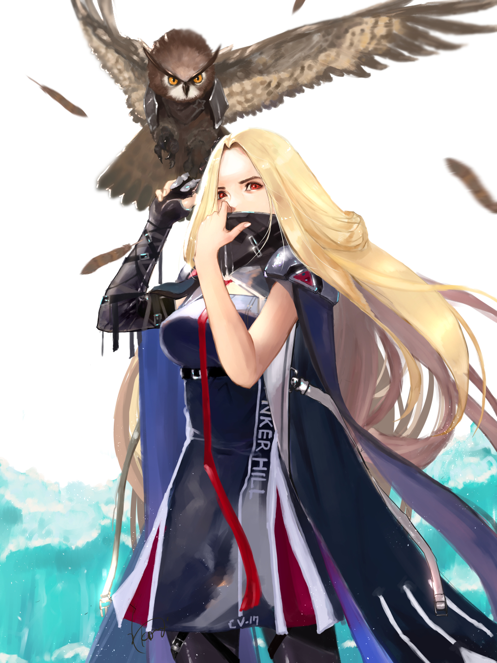 1girl asymmetrical_gloves azur_lane bangs bird blonde_hair blue_cloak blush bunker_hill_(azur_lane) cloak dress feathers gloves high_collar highres kdm_(ke_dama) necktie orange_eyes owl short_dress sidelocks solo thigh_strap