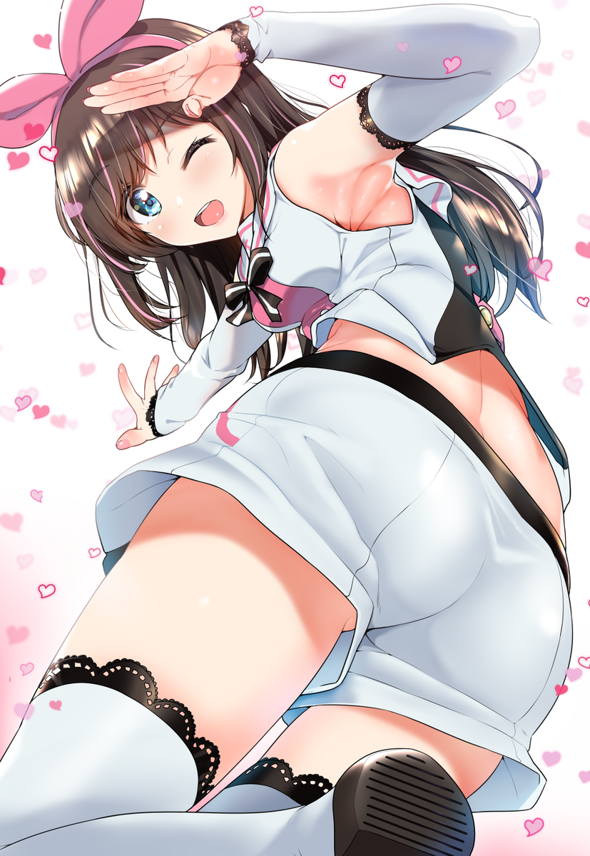 1girl a.i._channel bangs blue_eyes blush bow breasts brown_hair detached_sleeves eyebrows_visible_through_hair from_behind hairband heart highres kizuna_ai leg_up long_hair looking_at_viewer multicolored_hair nonohachi one_eye_closed open_mouth pink_hair pink_hairband ribbon sailor_collar salute shirt shorts simple_background smile solo streaked_hair thigh-highs upshorts virtual_youtuber white_background white_legwear