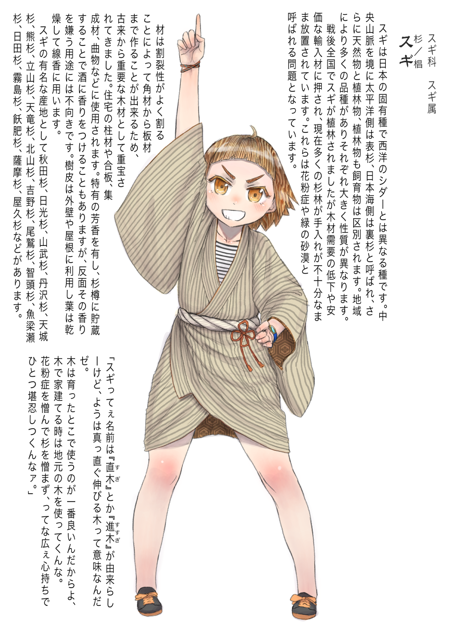 brown_eyes brown_hair character_profile comic highres japanese_clothes kimono kishida_shiki obi original personification pointing pointing_up rope_obi sash shoes short_hair short_kimono sneakers translation_request watch wood_gradient_hair