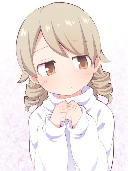 1girl bangs blush brown_eyes brown_hair closed_mouth eyebrows_visible_through_hair hair_between_eyes hands_together hands_up head_tilt idolmaster idolmaster_cinderella_girls long_hair long_sleeves looking_away looking_to_the_side morikubo_nono own_hands_together ringlets smile solo sweater upper_body ushi white_sweater