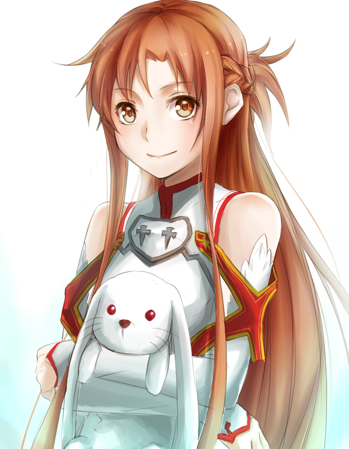 1girl animal asuna_(sao) braid breastplate brown_eyes brown_hair crown_braid detached_sleeves herigaru_(fvgyvr000) holding holding_animal long_hair long_sleeves looking_at_viewer rabbit shiny shiny_hair simple_background smile solo sword_art_online upper_body very_long_hair white_background white_sleeves