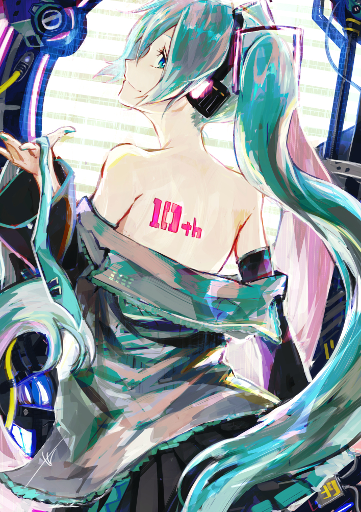 1girl back bare_back bare_shoulders black_skirt blue_eyes blue_hair blue_nails blue_neckwear commentary detached_sleeves english_commentary fingernails floating_hair grey_shirt hatsune_miku holding_necktie long_hair looking_back nail_polish necktie profile shirt shirt_removed skirt smile solo total twintails undone_necktie untied very_long_hair vocaloid