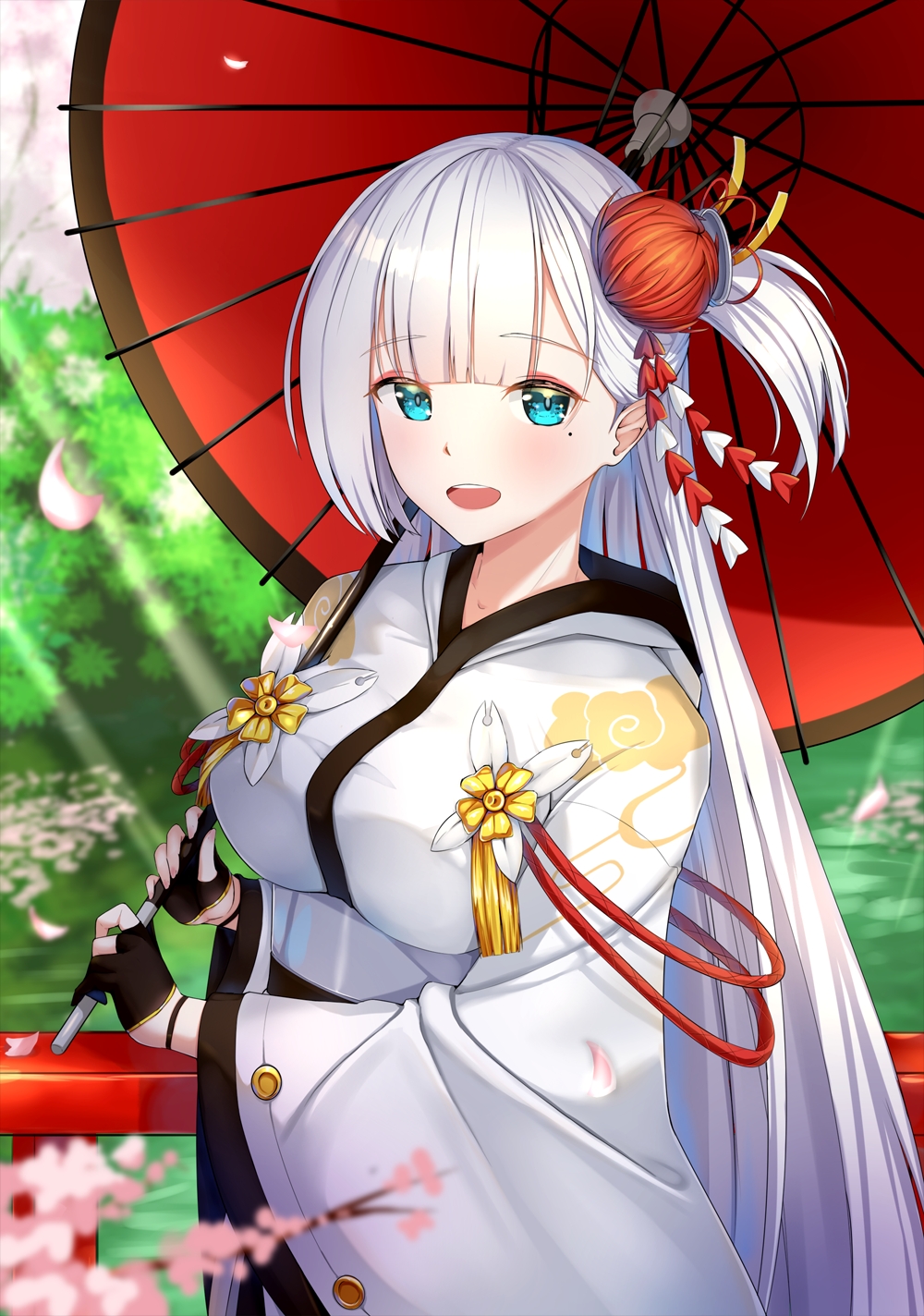 1girl as4gi azur_lane black_gloves eyeshadow flower gloves hair_flower hair_ornament highres japanese_clothes kimono makeup mole mole_under_eye oriental_umbrella partly_fingerless_gloves shoukaku_(azur_lane) silver_hair solo tassel umbrella white_kimono wide_sleeves