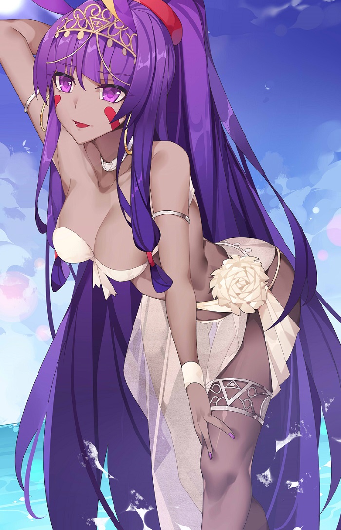 1girl 931466095 :d arm_up armlet bangs bare_shoulders bikini blue_sky blunt_bangs breasts cleavage clouds collarbone dark_skin earrings facial_mark fate/grand_order fate_(series) female hair_between_eyes hoop_earrings jewelry leaning leaning_forward long_hair medium_breasts nail_polish neck necklace nitocris_(fate/grand_order) open_mouth ponytail purple_hair purple_nails revealing_clothes sarong see-through sidelocks sky smile solo strapless strapless_bikini strapless_swimsuit swimsuit thighlet type-moon very_long_hair violet_eyes water white_bikini white_sarong white_swimsuit wristband