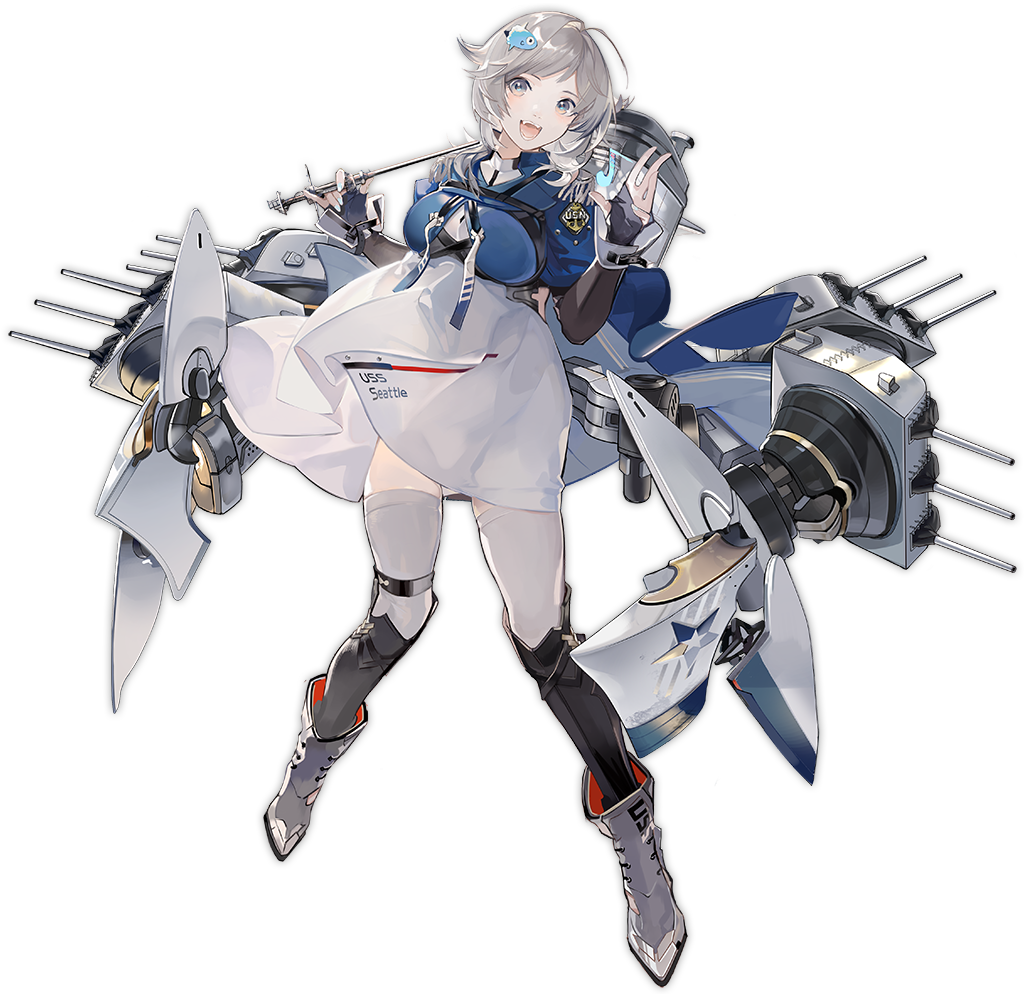 1girl ahoge armor azur_lane bangs black_gloves blue_jacket blush boots breasts cannon clothes_writing dress fish_hair_ornament full_body gloves grey_dress grey_eyes grey_footwear grey_hair grey_legwear hair_ornament hand_up holding jacket large_breasts long_hair nail_polish nineo official_art open_mouth partly_fingerless_gloves rigging seattle_(azur_lane) shin_guards shrug_(clothing) sidelocks skindentation smile standing swept_bangs thigh-highs transparent_background turret turtleneck white_nails wind wind_lift wrist_cuffs