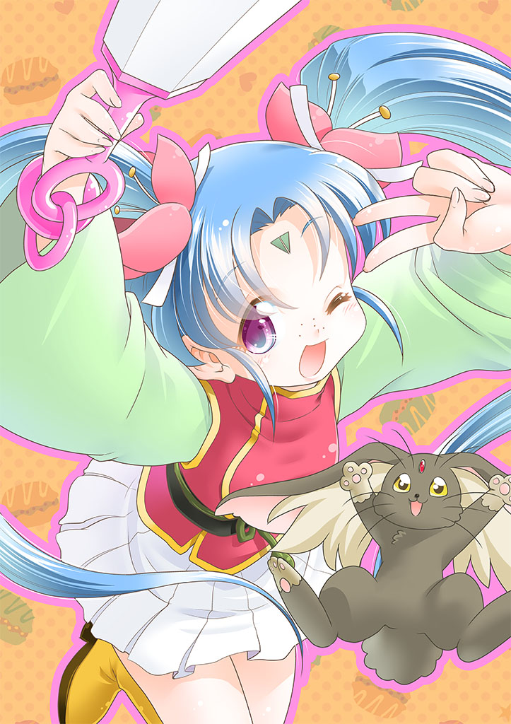 1girl arms_up bangs blue_hair boots bracelet chinese_clothes commentary_request eyebrows_visible_through_hair facial_mark flower food forehead_mark freckles gohei hair_flower hair_ornament jewelry long_hair long_sleeves looking_at_viewer macaron mahou_shoujo_pretty_sammy masaki_sasami_jurai mizuki_hitoshi one_eye_closed open_mouth orange_background parted_bangs pink_eyes pleated_skirt rabbit ryou-ouki skirt smile triangle twintails v wide_sleeves yellow_eyes yellow_footwear