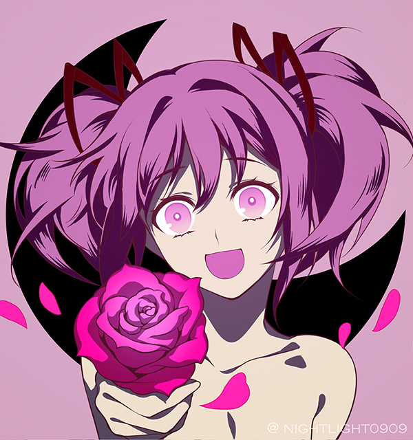 1girl :d breasts brown_ribbon cleavage collarbone crescent_moon eyebrows_visible_through_hair flower hair_between_eyes hair_ribbon holding holding_flower kaname_madoka long_hair looking_at_viewer mahou_shoujo_madoka_magica moon nightlight0909 nude open_mouth pink_eyes portrait purple_background purple_flower purple_hair purple_rose ribbon rose simple_background small_breasts smile solo twintails twitter_username