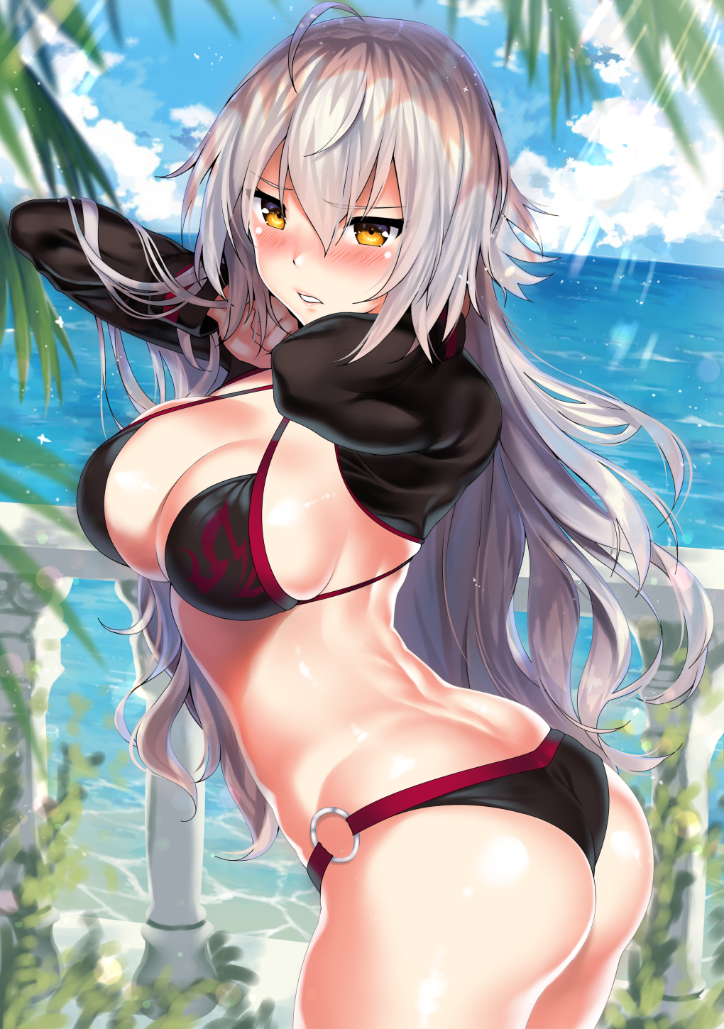 1girl ahoge arms_up ass back balcony bangs bikini black_bikini blush breasts cleavage closed_mouth clouds commentary_request cowboy_shot cropped_jacket eyebrows_visible_through_hair fate_(series) from_side hair_between_eyes highres jeanne_d'arc_(alter)_(fate) jeanne_d'arc_(alter_swimsuit_berserker) jeanne_d'arc_(fate) jeanne_d'arc_(fate)_(all) kawai leaf long_hair long_sleeves looking_at_viewer o-ring o-ring_bikini o-ring_bottom ocean original outdoors silver_hair skindentation sky solo standing swimsuit very_long_hair water yellow_eyes