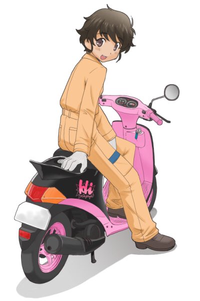 1girl arm_support bangs black_footwear blue_eyes brown_hair commentary dark_skin eyebrows_visible_through_hair girls_und_panzer gloves ground_vehicle jumpsuit long_sleeves looking_at_viewer looking_back mechanic motor_vehicle open_mouth orange_jumpsuit scooter shadow shoes short_hair simple_background sitting smile solo suzuki suzuki_(girls_und_panzer) uniform uona_telepin white_background white_gloves