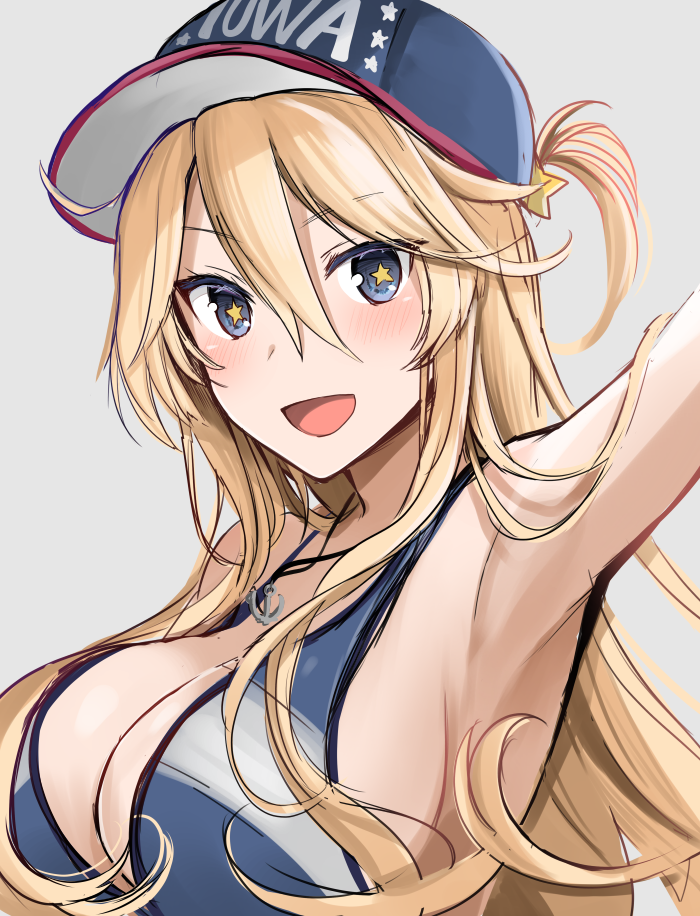 1girl ahoge anchor_necklace arm_up armpits bangs bare_shoulders baseball_cap bikini blonde_hair blue_bikini blue_eyes blue_headwear blush breasts character_name cleavage commentary english_text eyebrows eyebrows_visible_through_hair hair_between_eyes hair_ornament hat iowa_(kantai_collection) jewelry kantai_collection large_breasts long_hair looking_at_viewer necklace open_mouth simple_background smile solo star star-shaped_pupils star_hair_ornament striped striped_bikini swimsuit symbol-shaped_pupils work_in_progress yunamaro