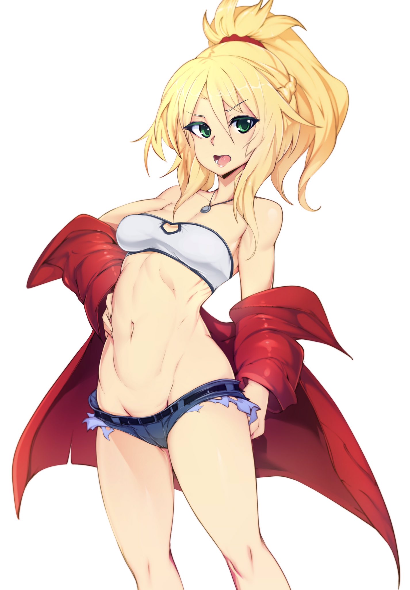 1girl bandeau belly blonde_hair braid breasts cutoffs denim denim_shorts fate/apocrypha fate_(series) french_braid green_eyes hair_ornament hair_scrunchie highres jacket long_hair looking_at_viewer medium_breasts midriff mordred_(fate) mordred_(fate)_(all) navel off_shoulder open_mouth ponytail red_jacket red_scrunchie scrunchie shiny shiny_hair shiny_skin shorts simple_background slugbox solo standing white_background