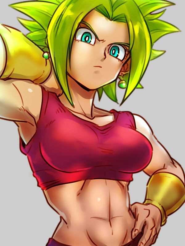 1girl arm_up armpits blonde_hair bracer breasts closed_mouth collarbone commentary_request dragon_ball dragon_ball_super earrings flat_color fusion grey_background hand_on_hip jewelry kefla_(dragon_ball) looking_at_viewer medium_breasts midriff navel pants potara_earrings red_pants red_shirt shirt solo spiky_hair st62svnexilf2p9 stomach super_saiyan tank_top toned upper_body