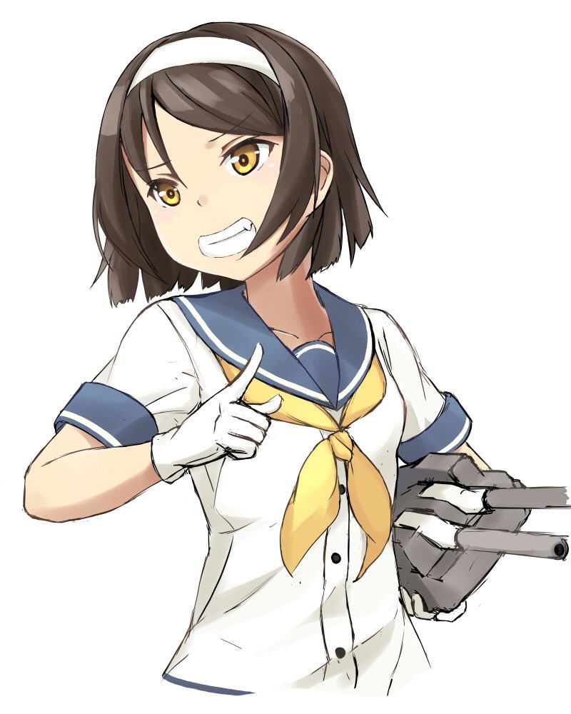 1girl adapted_turret black_hair blouse cannon commentary_request cropped_torso dated gloves grin hairband index_finger_raised kantai_collection minosu neckerchief school_uniform serafuku short_hair short_sleeves simple_background smile solo tanikaze_(kantai_collection) turret upper_body white_background white_blouse white_gloves white_hairband yellow_neckwear