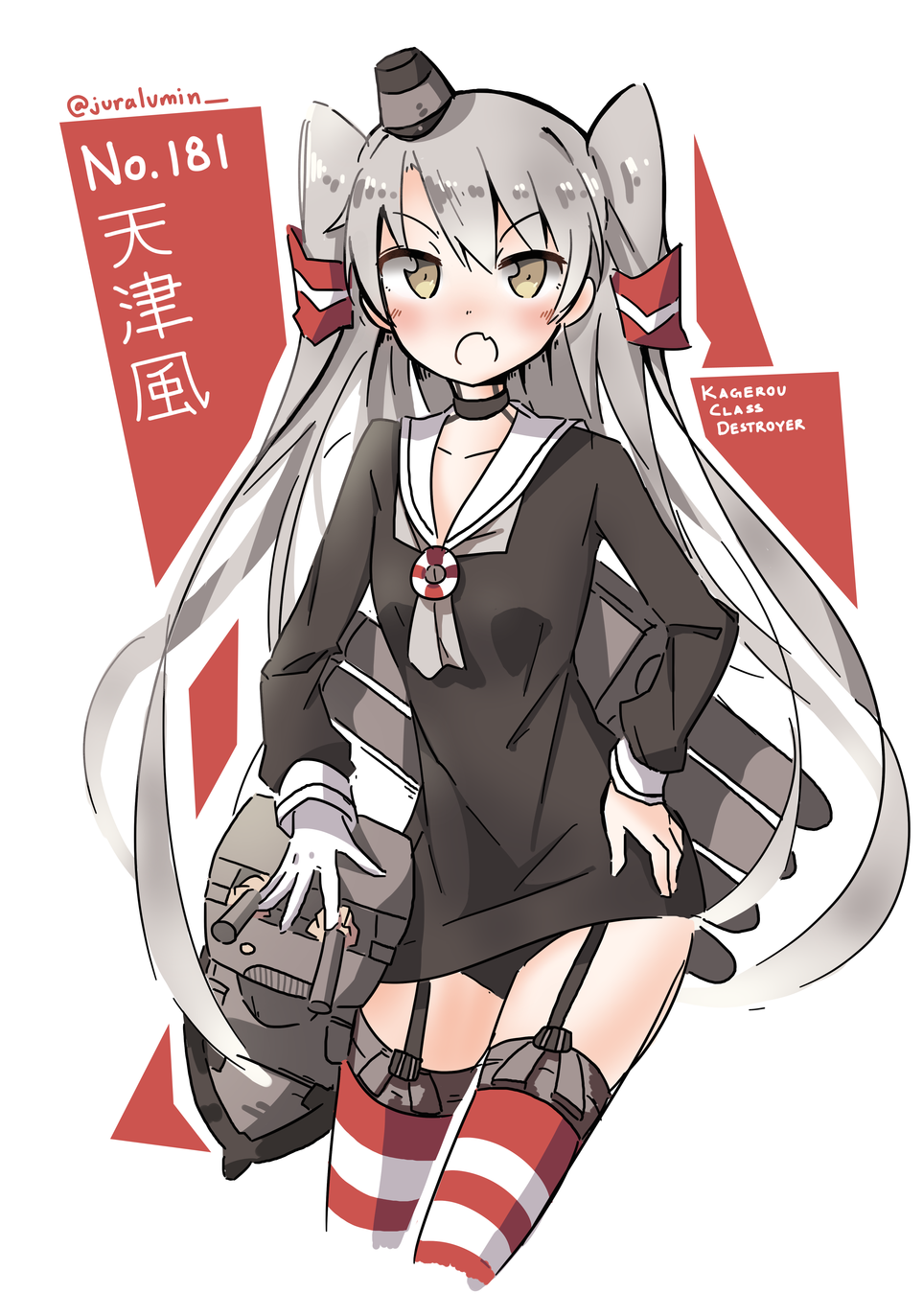 1girl amatsukaze_(kantai_collection) black_dress black_panties blush brown_eyes cannon choker collarbone commentary_request dress fang garter_straps gloves grey_hair hair_tubes hand_on_hip hat highres juralumin kantai_collection lingerie long_hair looking_at_viewer machinery open_mouth panties pantyshot personification rensouhou-kun ribbon sailor_collar school_uniform short_dress silver_hair single_glove solo standing striped striped_legwear thigh-highs tied_hair torpedo turret twintails two_side_up underwear weapon white_gloves yellow_eyes