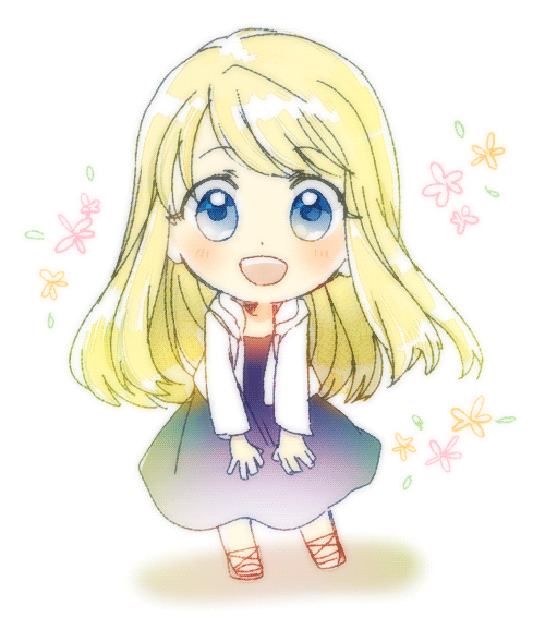 1girl arms_at_sides blonde_hair blue_eyes blush chibi commentary dress eyebrows_visible_through_hair eyelashes floating_hair floral_background flower full_body fullmetal_alchemist jacket leaf long_dress long_hair looking_at_viewer open_mouth orange_flower pink_flower purple_dress sandals shadow simple_background solo standing symbol_commentary teeth tsukuda0310 upper_teeth very_long_hair white_background white_jacket winry_rockbell