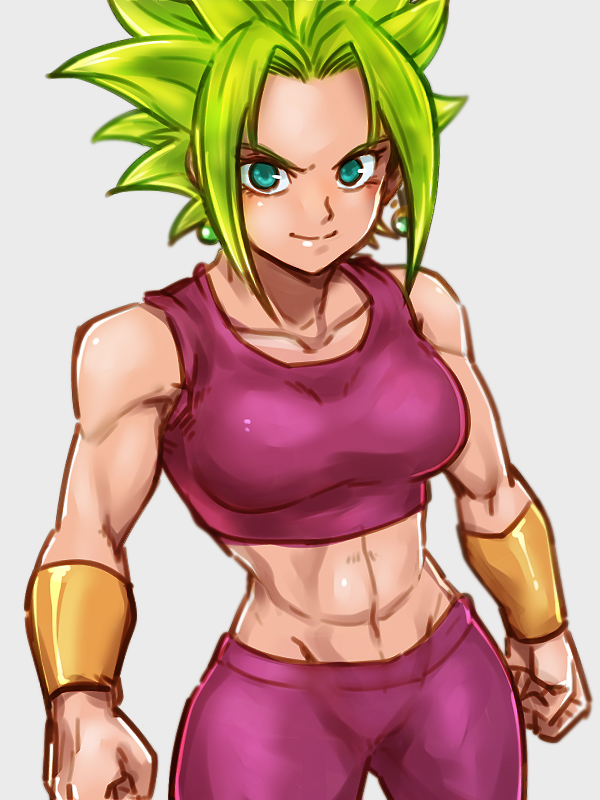 1girl blonde_hair bracer breasts clenched_hands closed_mouth collarbone commentary_request dragon_ball dragon_ball_super earrings flat_color fusion grey_background jewelry kefla_(dragon_ball) looking_at_viewer medium_breasts midriff navel pants potara_earrings red_pants red_shirt shirt smile solo spiky_hair st62svnexilf2p9 stomach super_saiyan tank_top toned