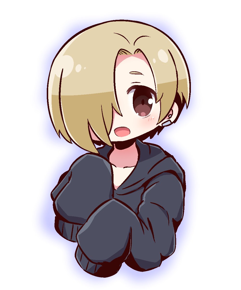 1girl :d bangs black_hoodie blue_outline blush brown_eyes collarbone commentary_request cropped_torso ear_piercing hair_over_one_eye hands_up highres hood hood_down hoodie idolmaster idolmaster_cinderella_girls long_sleeves naga_u open_mouth outline piercing shirasaka_koume short_hair sleeves_past_fingers sleeves_past_wrists smile solo upper_body white_background