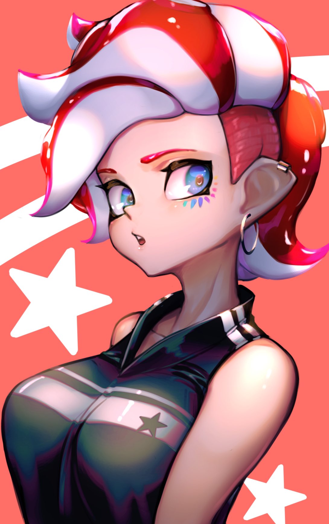 1girl agent_8 bare_shoulders black_shirt blue_eyes breasts collarbone ear_piercing earrings facial_mark head_tilt highres hoop_earrings jewelry kashu_(hizake) looking_at_viewer medium_breasts monster_girl octarian octoling orange_background piercing pointy_ears redhead shiny shiny_hair shirt short_hair sideways_glance sleeveless sleeveless_shirt solo splatoon splatoon_(series) splatoon_2 splatoon_2:_octo_expansion star starry_background suction_cups tentacle_hair undercut upper_body