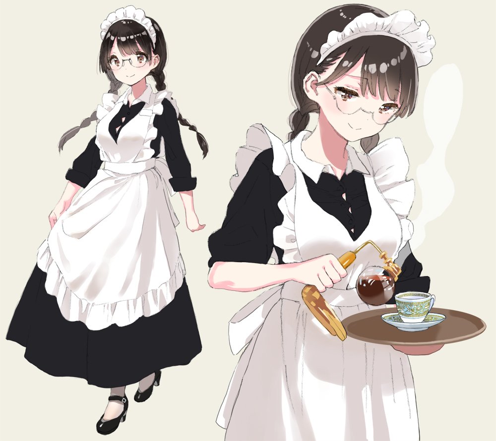 apron back_bow bangs black_dress black_footwear black_hair blush bow braid breasts brown_hair closed_eyes comic cowboy_shot cup dress eyebrows_visible_through_hair frilled_apron frills full_body glasses grey_background hanae_haruka holding holding_tray long_hair looking_at_viewer looking_down maid maid_headdress medium_breasts multiple_views original simple_background sleeves_folded_up sleeves_pushed_up smile standing steam tea teacup tray twin_braids white_apron white_bow white_legwear