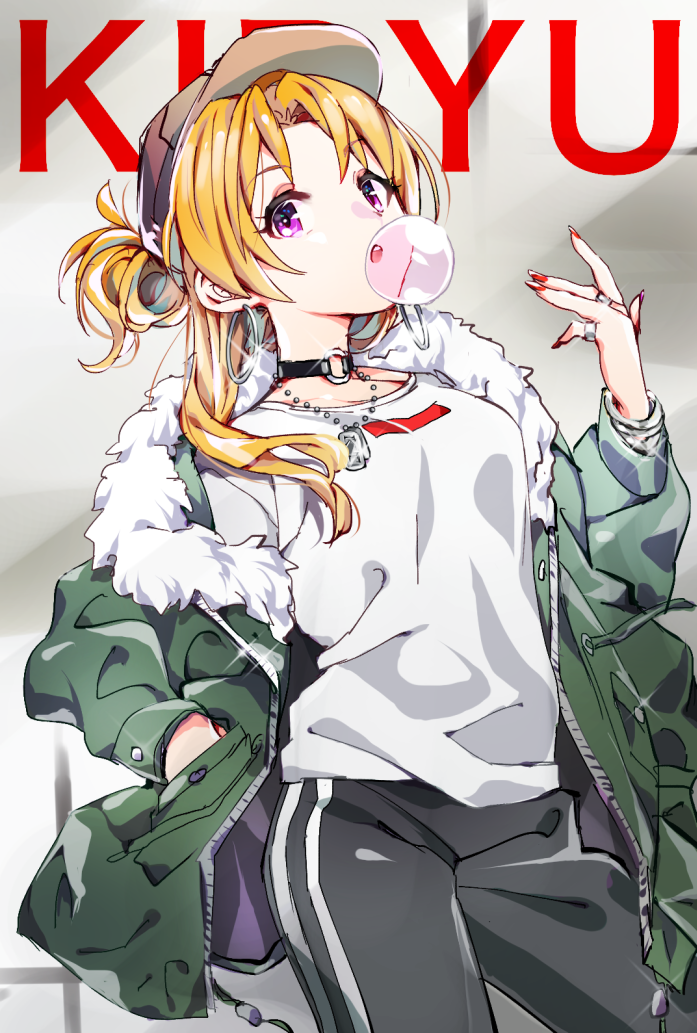 1girl :o baseball_cap black_choker black_pants blonde_hair bracelet breasts brown_headwear bubble_blowing character_name chewing_gum choker cowboy_shot dog_tags double_vertical_stripe earrings eyebrows_visible_through_hair fur_collar glint green_jacket hand_in_pocket hat hoop_earrings idolmaster idolmaster_cinderella_girls jacket jewelry kakitsubata_zero kiryuu_tsukasa_(idolmaster) long_hair long_sleeves medium_breasts o-ring o-ring_choker open_clothes open_jacket open_mouth pants pocket ring shirt solo sparkle teeth track_pants violet_eyes white_shirt