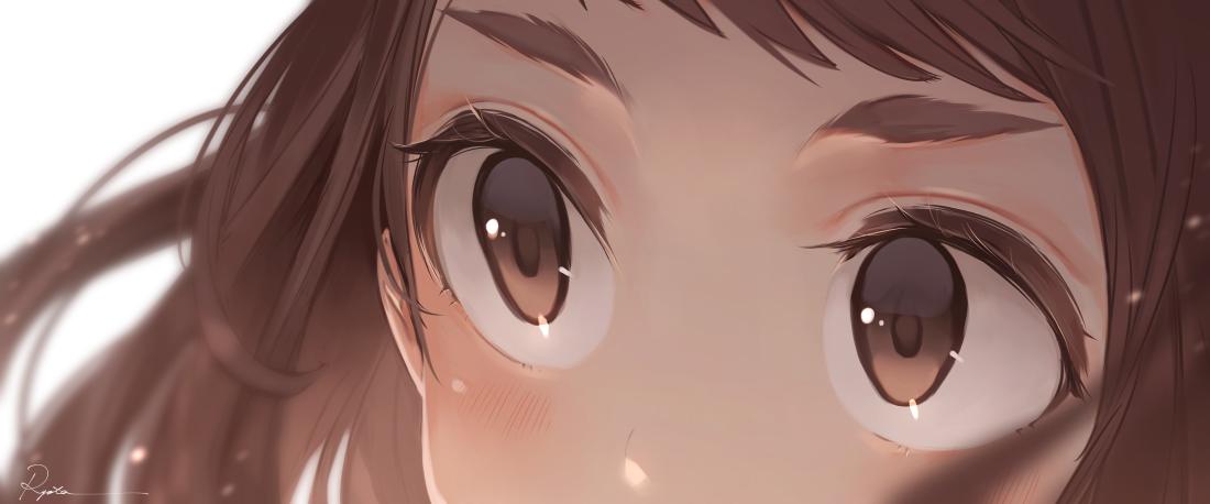 1girl bangs blurry blurry_foreground boku_no_hero_academia brown_eyes brown_hair close-up depth_of_field eyes face floating_hair looking_away ryota_(ry_o_ta) signature simple_background solo swept_bangs thick_eyebrows uraraka_ochako white_background