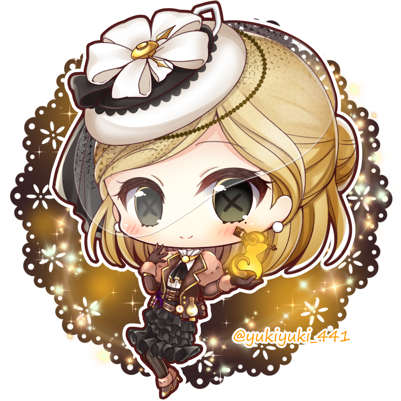 1girl ascot black_gloves black_neckwear black_skirt blonde_hair blush brown_footwear brown_jacket brown_legwear character_request chibi closed_mouth commentary_request gloves glowing green_eyes hair_bun high_heels holding identity_v jacket layered_skirt long_hair open_clothes open_jacket pantyhose pleated_skirt see-through shirt shoes skirt smile solo striped striped_legwear symbol-shaped_pupils tilted_headwear vertical-striped_legwear vertical_stripes white_headwear white_shirt yukiyuki_441