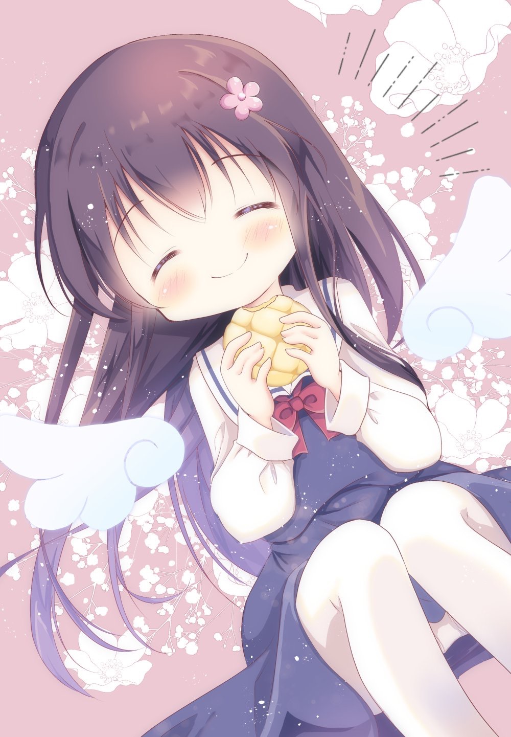 1girl ^_^ bangs black_dress blush bow bread brown_hair closed_eyes closed_eyes closed_mouth commentary_request detached_wings dress dutch_angle eyebrows_visible_through_hair flower food fukaya_rin hair_between_eyes hair_flower hair_ornament hands_up highres holding holding_food long_hair melon_bread panties panties_under_pantyhose pantyhose pink_flower red_bow sailor_collar sailor_dress school_uniform shirosaki_hana shirt sitting sleeveless sleeveless_dress smile solo underwear very_long_hair watashi_ni_tenshi_ga_maiorita! white_legwear white_sailor_collar white_shirt white_wings wings