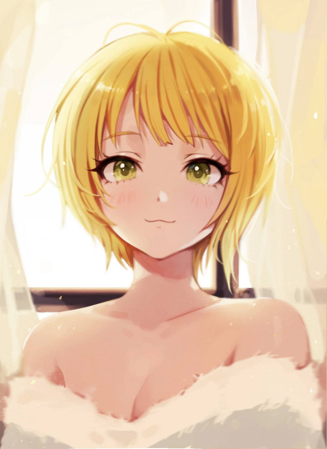 1girl :3 bangs bare_shoulders blonde_hair closed_mouth collarbone curtains eyebrows_visible_through_hair eyelashes fur_trim green_eyes highres indoors looking_at_viewer miyamoto_frederica pinkiepies2 short_hair smile sunlight window