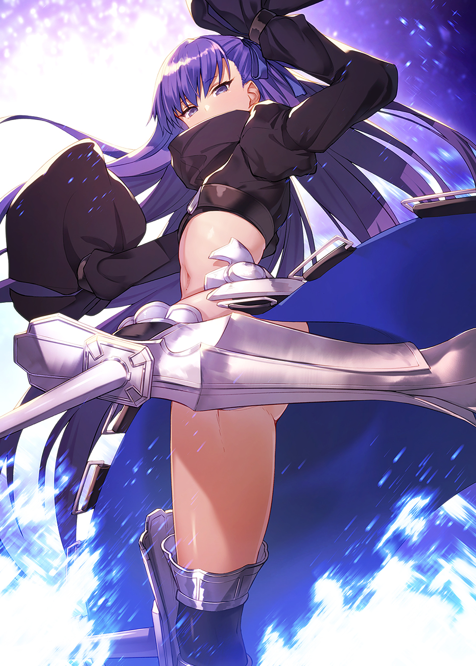 1girl arm_up armor armored_boots bangs black_jacket black_shirt blue_background blue_ribbon boots commentary_request convenient_leg crop_top cropped_jacket eyebrows_visible_through_hair fate/extra fate/extra_ccc fate/grand_order fate_(series) feet_out_of_frame greaves hair_ribbon hand_up high_collar highres ibuki_notsu jacket juliet_sleeves leg_up long_hair long_sleeves looking_at_viewer meltlilith midriff navel puffy_sleeves purple_hair revealing_clothes ribbon shirt sleeves_past_fingers sleeves_past_wrists solo spikes standing stomach thighs very_long_hair violet_eyes white_background wide_sleeves