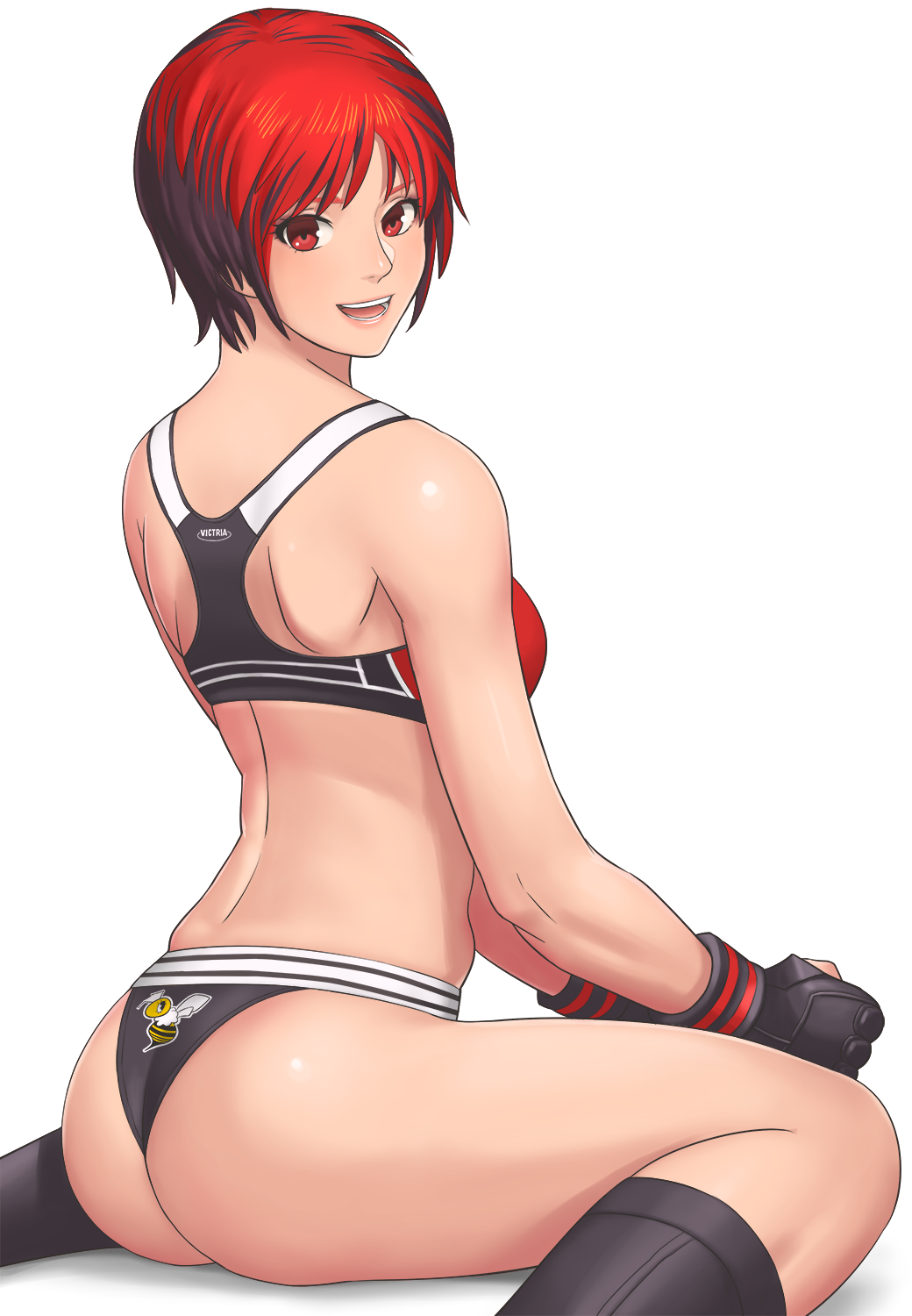 1girl ass back bare_shoulders bee black_panties breasts brown_eyes brown_hair bug dead_or_alive from_behind highres insect looking_back medium_breasts mila_(doa) multicolored_hair panties redhead shigenobu short_hair simple_background smile solo sports_bra sportswear two-tone_hair underwear white_background