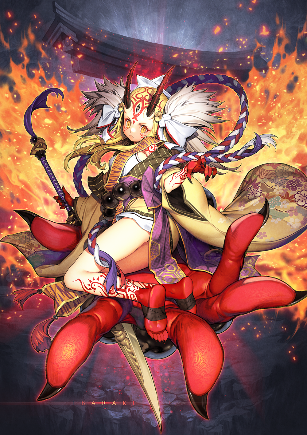 1girl animal_print bandage barefoot beads black_nails blonde_hair body_markings closed_mouth english_text facial_mark fate/grand_order fate_(series) feet fingernails fingerprint fire frown giant_hand gradient gradient_horns highres holding holding_spear holding_weapon horns ibaraki_douji_(fate/grand_order) japanese_clothes long_sleeves mandrill medium_hair nail_polish polearm prayer_beads red_skin rock sash sharp_fingernails sitting skirt slit_pupils solo spear third_eye tiger_print torii weapon