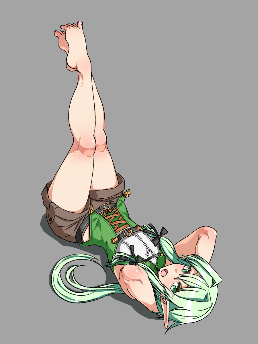 1girl arms_behind_head ashizato_umitarou barefoot black_bow bow breasts brown_shorts commentary_request corset elf feet full_body goblin_slayer! green_eyes green_hair grey_background hair_bow hair_over_shoulder high_elf_archer_(goblin_slayer!) highres legs_up long_hair looking_at_viewer lying on_back open_mouth pointy_ears shorts sleeveless slender_waist small_breasts solo thighs toes wide_hips