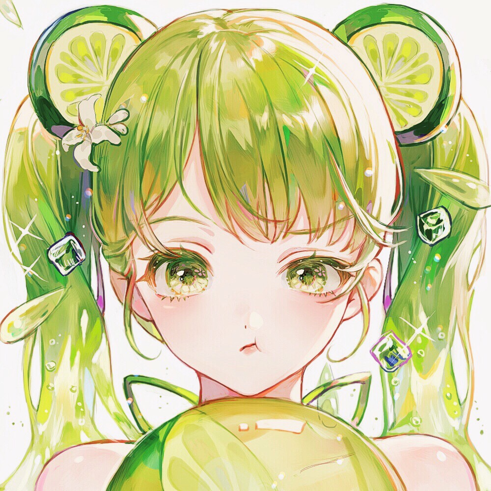 1girl ball bangs bare_shoulders beachball cookie_run eyebrows_visible_through_hair flower green_eyes green_hair hair_flower hair_ornament ice ice_cube lime_cookie lime_slice long_hair looking_at_viewer maccha_(mochancc) personification portrait simple_background solo sparkle transparent twintails white_background white_flower