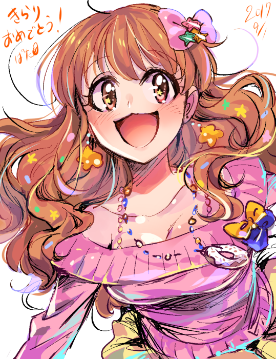 1girl 2017 :3 :d blue_bow bow breasts brown_eyes brown_hair cleavage dated doughnut earrings eyebrows_visible_through_hair food hair_bow idolmaster idolmaster_cinderella_girls jewelry kakitsubata_zero long_hair long_sleeves medium_breasts moroboshi_kirari necklace off-shoulder_shirt off_shoulder open_mouth pink_bow pink_shirt shirt simple_background smile solo star star_earrings white_background yellow_bow