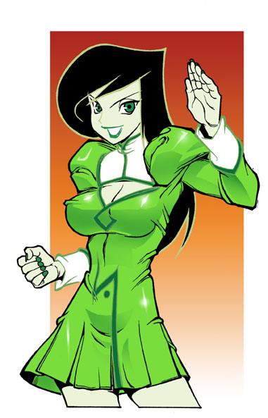 1girl agent_aika aika_(series) alternate_color arm_up black_hair breasts cleavage cleavage_cutout clenched_hand commentary cosplay cropped_legs crossover delmogeny_uniform dress english_commentary fighting_stance golden_delmo green_dress green_eyes green_lips green_skin hand_up juliet_sleeves kim_possible lipstick long_hair long_sleeves makeup medium_breasts open_mouth puffy_sleeves simple_background solo standing two-tone_background uniform upper_body v-shaped_eyebrows we-r-nomad