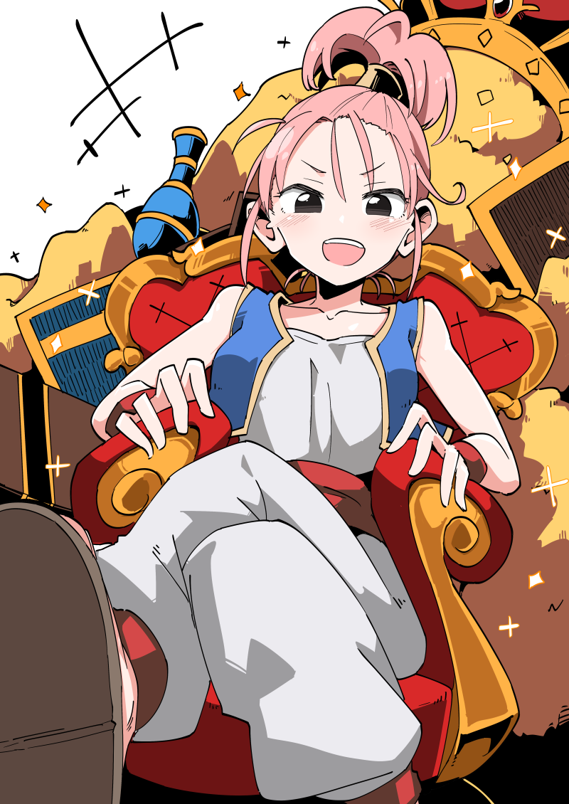 1girl :d black_eyes blue_vest blush chair collarbone crown dragon_quest dragon_quest_iii eyebrows_visible_through_hair glint gold legs_crossed looking_at_viewer merchant_(dq3) open_clothes open_mouth open_vest pink_hair ponytail sash short_hair short_ponytail sitting smile solo sparkle taniya_raku teeth unitard v-shaped_eyebrows vase vest white_background white_unitard wristband