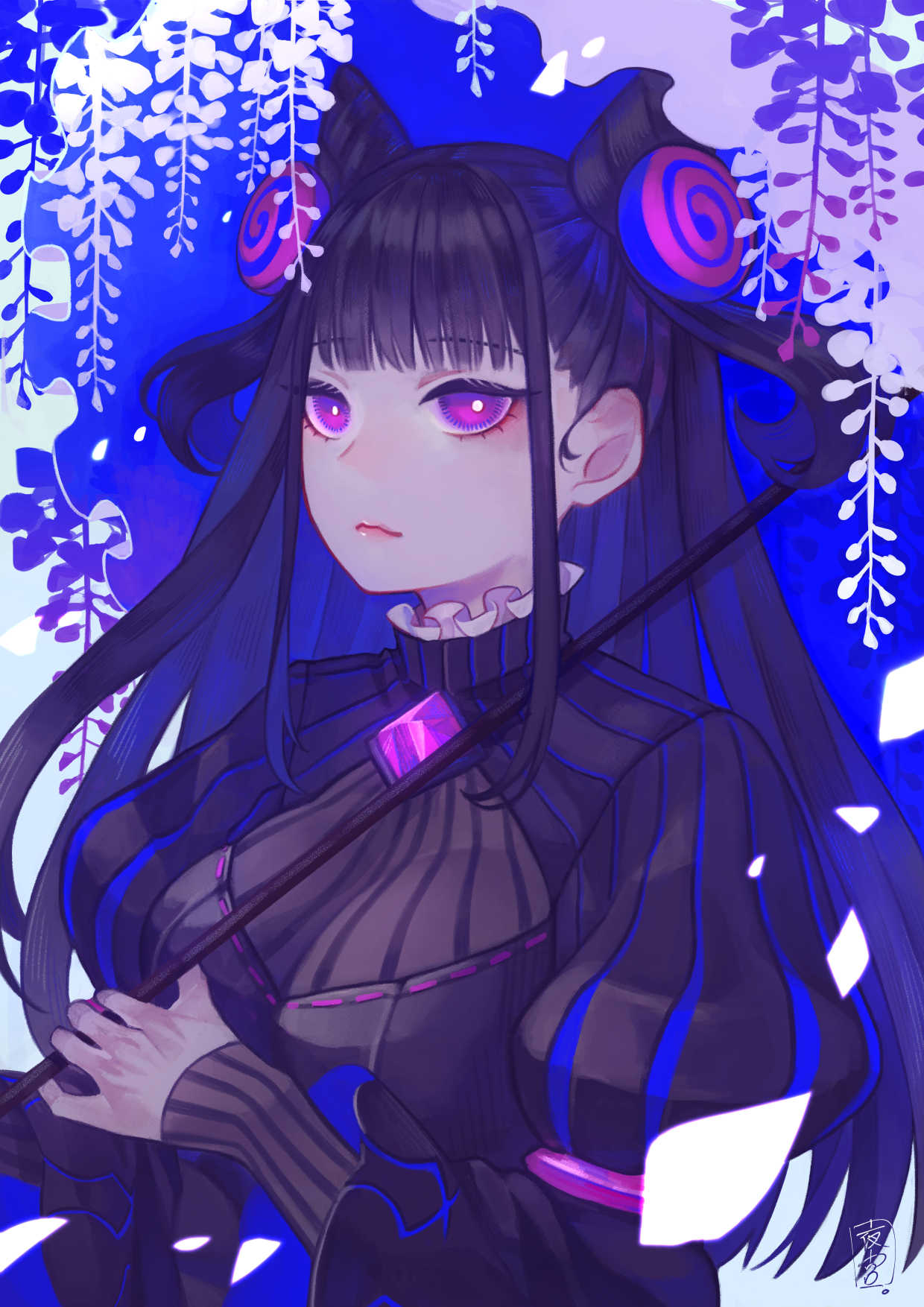 1girl bangs black_dress black_hair blunt_bangs breasts bright_pupils chest_jewel closed_mouth commentary_request double_bun dress eyebrows_visible_through_hair fate/grand_order fate_(series) flower gem hair_ornament highres holding holding_umbrella juliet_sleeves large_breasts long_hair long_sleeves looking_at_viewer murasaki_shikibu_(fate) parasol puffy_sleeves sidelocks signature sleeves_past_wrists solo sophie_usui striped umbrella upper_body vertical_stripes violet_eyes white_pupils wisteria