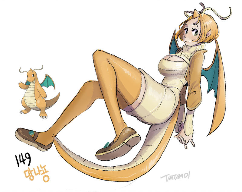 antennae breasts brown_footwear cleavage creatures_(company) dragon_wings dragonite game_freak gen_1_pokemon hands_clasped horn large_breasts nintendo orange_hair own_hands_together personification pointy_ears pokemon smile tail tamtamdi thick_thighs thigh-highs thighs wings