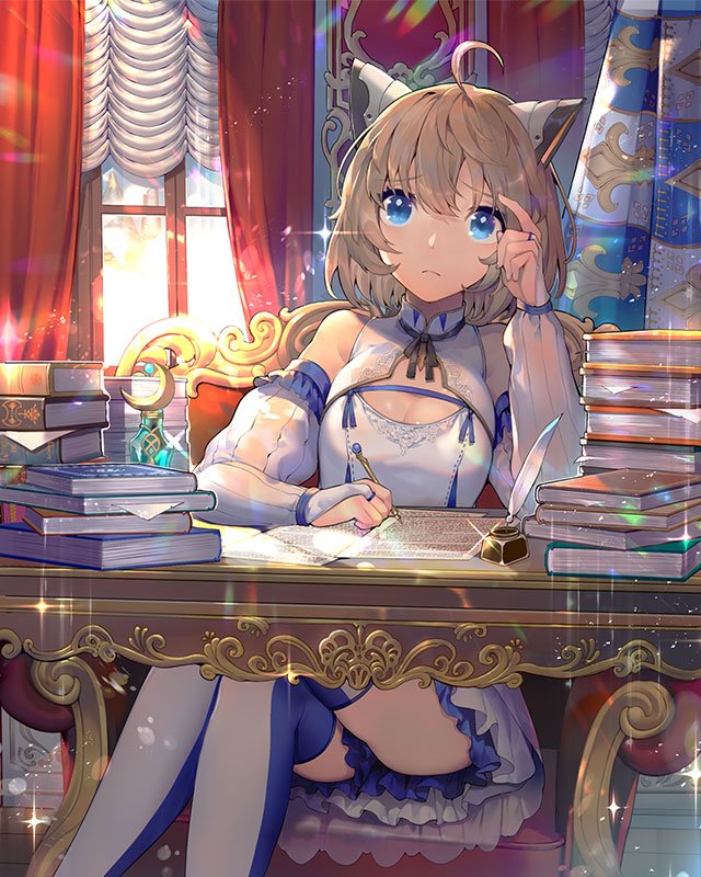 1girl ahoge armchair artist_request bangs bare_shoulders blue_eyes blush book_stack breasts bridal_gauntlets chair cleavage cleavage_cutout closed_mouth commentary_request curtains day dress eyebrows_visible_through_hair frilled_dress frills hair_between_eyes hand_up headgear holding holding_pen indoors inkwell legs_crossed lost_crusade medium_breasts pen quill short_hair sitting solo sparkle table tareme thigh-highs thinking two-tone_legwear white_dress