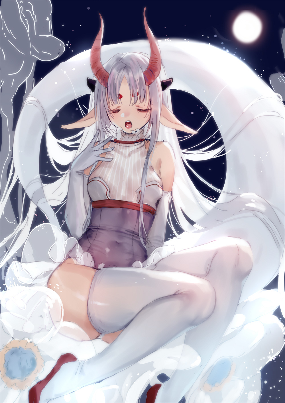 bangs bare_shoulders breasts closed_eyes elbow_gloves facing_viewer frilled_skirt frills full_moon gloves highres horns leotard medium_breasts moon night night_sky obiwan open_mouth parted_bangs pixiv_fantasia pixiv_fantasia_last_saga pointy_ears see-through sitting skirt sky sleeveless thigh-highs white_gloves white_legwear