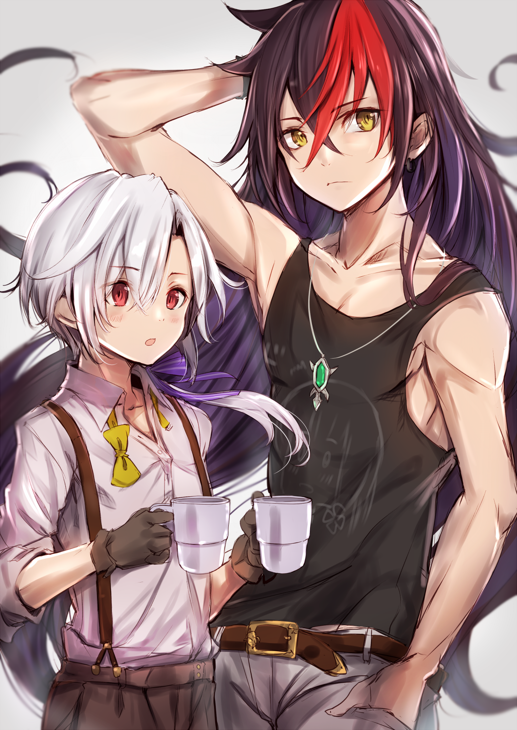 2boys belt black_hair black_shirt blush bow brown_belt collarbone commentary_request cup eyebrows_visible_through_hair fuku_kitsune_(fuku_fox) hair_between_eyes hair_bow hair_ornament hand_in_hair highres holding holding_cup joshua_lerner long_hair looking_at_viewer male_focus multicolored_hair multiple_boys red_eyes redhead shironeko_project shirt shorts sleeveless sleeveless_shirt suspenders two-tone_hair white_hair white_shirt yellow_bow yellow_eyes yellow_neckwear