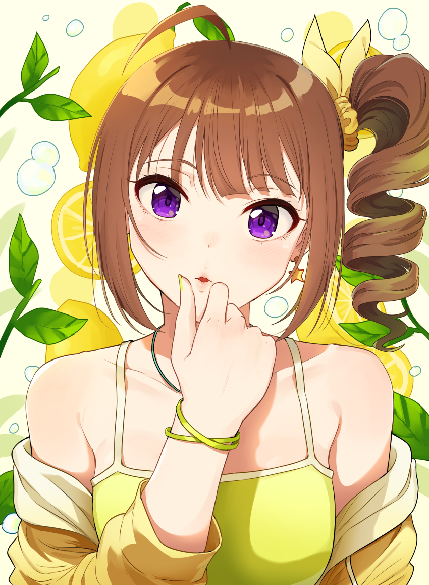 1girl :o ahoge air_bubble bangs bracelet brown_hair bubble camisole commentary earrings food fruit hair_ribbon hand_to_own_mouth idolmaster idolmaster_million_live! jacket jewelry kamille_(vcx68) lemon lemon_slice looking_at_viewer medium_hair off_shoulder open_clothes open_jacket parted_lips ribbon side_ponytail solo star_(symbol) star_earrings upper_body violet_eyes yellow_camisole yellow_jacket yellow_ribbon yokoyama_nao