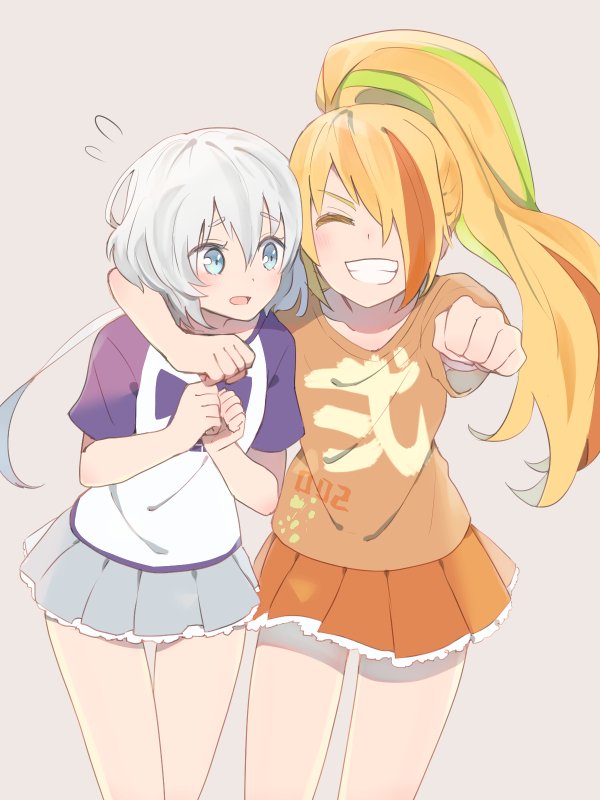 2girls blonde_hair blue_eyes clenched_hands closed_eyes commentary_request eyebrows_visible_through_hair green_hair grin hair_between_eyes hair_over_one_eye high_ponytail konno_junko long_hair low_twintails miniskirt multicolored_hair multiple_girls nikaidou_saki orange_hair shirt simple_background skirt smile sou_(tuhut) streaked_hair t-shirt twintails white_hair zombie_land_saga