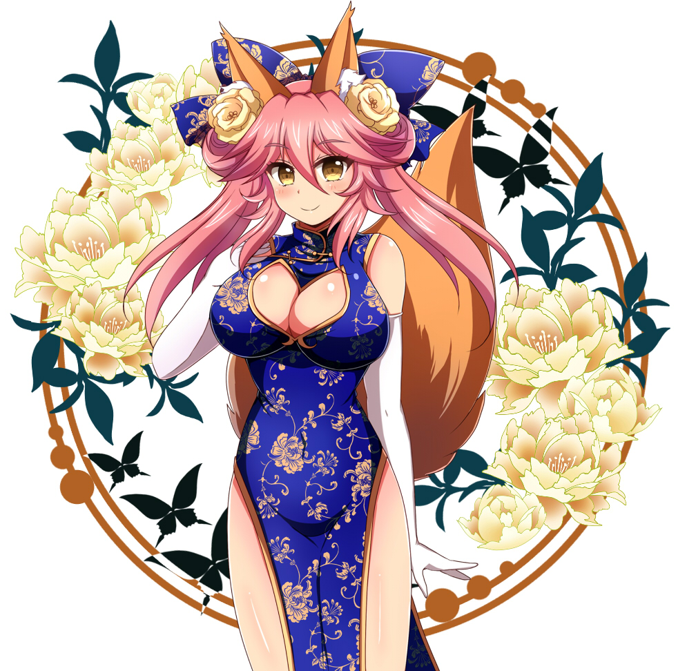 1girl afuro animal_ear_fluff animal_ears bare_shoulders blush breasts china_dress chinese_clothes cleavage dress eyebrows_visible_through_hair fate/grand_order fate_(series) floral_background fox_ears fox_girl fox_tail gloves hair_ornament hair_ribbon large_breasts looking_at_viewer pink_hair ribbon smile solo tail tamamo_(fate)_(all) tamamo_no_mae_(fate) white_gloves yellow_eyes