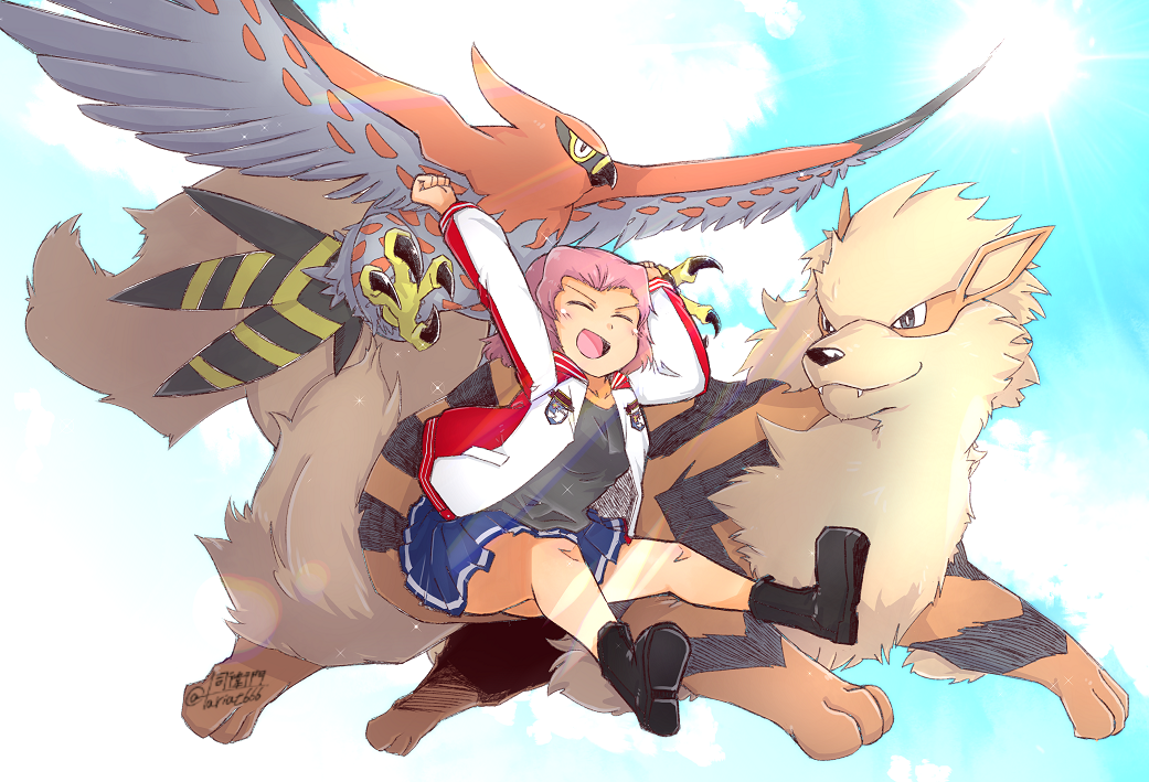 1girl arcanine arms_up artist_name black_footwear black_shirt blue_skirt blue_sky boots closed_eyes clouds cloudy_sky commentary creatures_(company) crossover day emblem flying game_freak gen_1_pokemon gen_6_pokemon girls_und_panzer jacket jumping leaning_forward legs legs_up light_blush long_sleeves medium_hair miniskirt nintendo open_clothes open_jacket open_mouth outdoors pleated_skirt pokemon print_skirt raised_fists redhead rosehip shirt signature single_horizontal_stripe skirt sky smile solo sparkle st._gloriana's_(emblem) sunlight talonflame tsukasa-emon twitter_username white_jacket