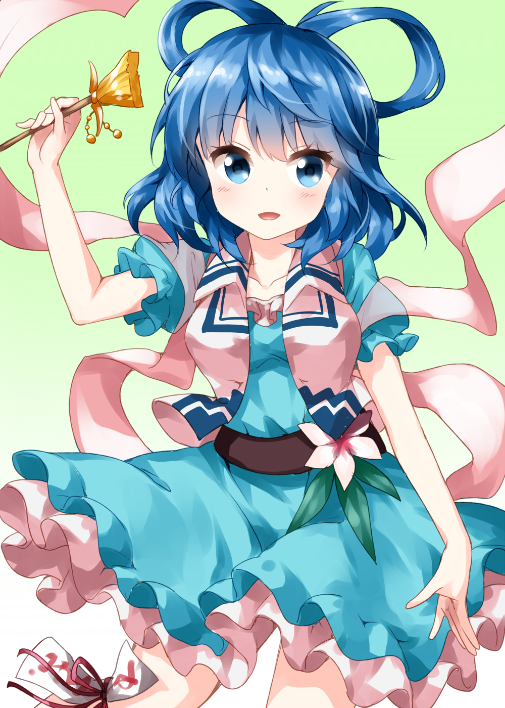 1girl arm_up bangs belt black_belt blue_dress blue_eyes blue_hair blush breasts collarbone commentary_request cowboy_shot dress eyebrows_visible_through_hair flower frills gradient gradient_background green_background hair_between_eyes hair_ornament hair_rings hair_stick highres holding kaku_seiga leg_ribbon looking_at_viewer medium_breasts ofuda open_mouth petticoat pink_flower puffy_short_sleeves puffy_sleeves red_ribbon ribbon ruu_(tksymkw) shawl short_hair short_sleeves smile solo thighs touhou vest white_background white_vest