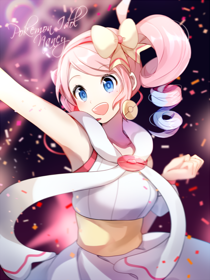 1girl :d arm_up armpits bangs blue_eyes blue_hair bow character_name character_request collarbone creatures_(company) dress drill_hair eyebrows_visible_through_hair game_freak gradient_hair hair_bow hairband microphone multicolored_hair nintendo open_mouth pink_hair pokemon shiny shiny_hair sleeveless sleeveless_dress smile solo standing swept_bangs twin_drills two-tone_background white_dress yellow_bow yuhi_(hssh_6)