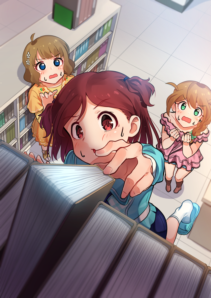 3girls aoba_misaki baba_konomi blue_eyes book bookshelf boots braid brown_footwear brown_hair green_eyes idolmaster idolmaster_million_live! idolmaster_million_live!_theater_days indoors kamille_(vcx68) knee_boots looking_at_another looking_away medium_hair multiple_girls parted_lips red_eyes redhead short_hair slippers socks standing suou_momoko sweat white_legwear