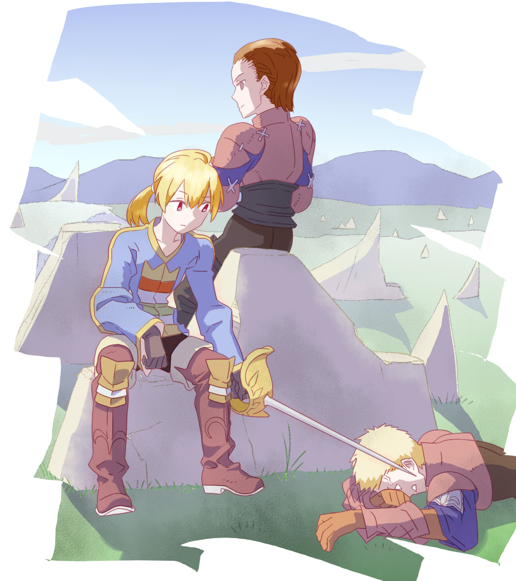 06erunium argath_thadalfus armor blonde_hair boots brown_hair commentary_request delita_heiral final_fantasy final_fantasy_tactics gloves male_focus multiple_boys ponytail ramza_beoulve sword weapon